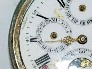 Silver Cased 50 MM Triple Date Moon Phase Pocket Watch.  31J 7