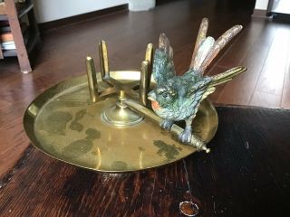 Cold Painted Bronze Bird Perched On Spinning Brass Tray 6 " X 4 " Vienna Austria?