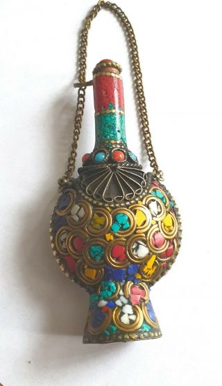 Antique Vintage Old Copper Jeweled Stone Eyeliner Bottle Kohl Powder Surmadani 2