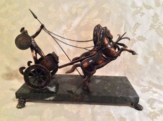 Vintage Bronze Chariot With Horses On Marble Plate Display