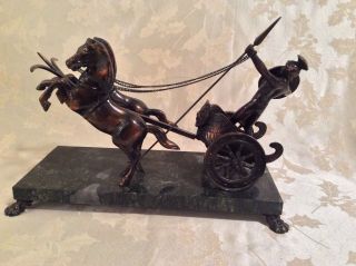 VINTAGE BRONZE CHARIOT WITH HORSES ON MARBLE PLATE DISPLAY 3
