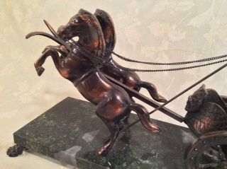 VINTAGE BRONZE CHARIOT WITH HORSES ON MARBLE PLATE DISPLAY 4