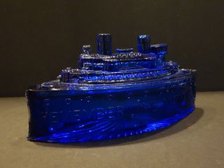 Antique Battleship Remember The Maine Candy Dish Blue Glass Container 7 " 1/2