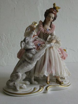 Antique 19th C Dresden Lace Porcelain Figurine Lady With Borzoi Dog Germany Big