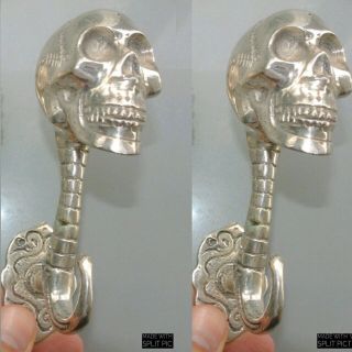 2 Skull Head 7 " Long Wall Hook Heavy Brass Silver 18cm Long Screw Wall Spine B