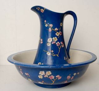 British Art Pottery Co Rialto Ware Large Blue Art Deco Wash Bowl And Jug Repaire