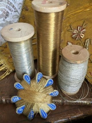 4 Fabulous Antique French Wooden Rolls Spools Gold Silver Metallic Thread Ribbon