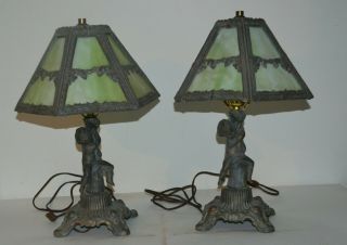 Antique Leaded Slag Glass Table Lamps W/cherub Bases