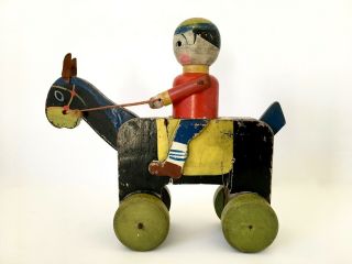 Antique Folk Art Wooden Articulated Toy Boy Riding A Horse - Movable Pull Japan