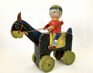 Antique Folk Art Wooden Articulated Toy Boy Riding a Horse - Movable Pull Japan 2