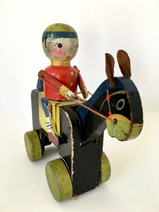 Antique Folk Art Wooden Articulated Toy Boy Riding a Horse - Movable Pull Japan 4