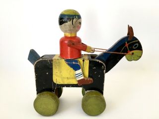 Antique Folk Art Wooden Articulated Toy Boy Riding a Horse - Movable Pull Japan 5