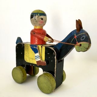 Antique Folk Art Wooden Articulated Toy Boy Riding a Horse - Movable Pull Japan 8