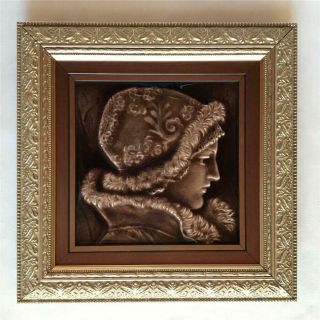 Framed Antique J & W Wade English 6 " Taupe Grey Portrait Tile Young Woman