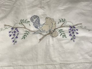 “ Antique French Linen Sheet With Hand Embroiedred Doves “