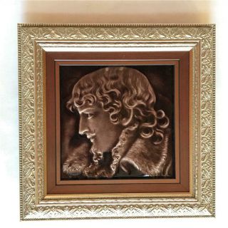 Framed Antique J & W Wade English 6 " Taupe Grey Portrait Tile Young Man W Curls