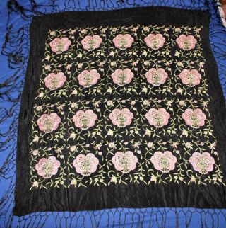 Vintage Embroidered Piano Shawl Scarf,  45 " X 45 ",  14 " Fringe Black Pink Flowers