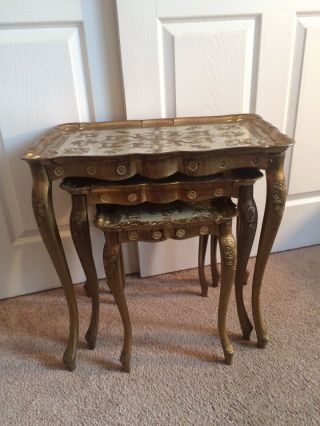 Vtg Italian Florentine 3 Nesting Tables Hollywood Regency Gold Gilt Bud Vase 5