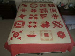 Vintage Hand Made Red & White Block Multi Name Pattern Applique Quilt Coverlet