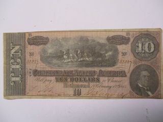 Confederate States Of America Ten Dollar Bill Dated February 17th 1864