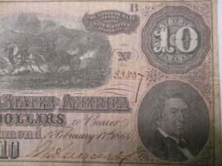 Confederate States of America Ten Dollar Bill Dated February 17th 1864 2