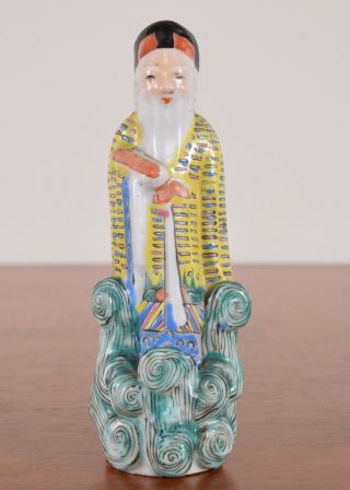 Chinese Porcelain Figurine Statue Of An Old Man In Famille Jaune Enamels Antique