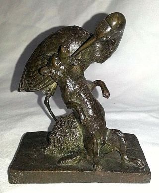 Vintage Or Antique Bronze Buddhist Sculpture Of Stork And Wolf Fable