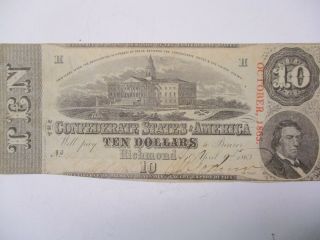 Confederate States Of America Ten Dollar Bill Dated April 9th 1863 And Stamped