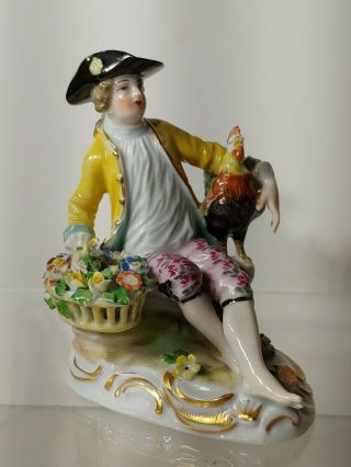 Antique German Dresden Gentleman With Rooster Porcelain Figurine Signed