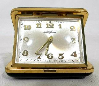 Seth Thomas Germany Wind Up Alarm Travel Clock Compact Black Leather Brass Case