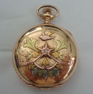 14kt Elgin 15j Victorian Tri Color Ladies Pocket Watch W,  Diamond 62 Gr.  Runs