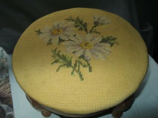 Antique Vintage Paxton Needlepoint Floral Foot Stool Round Shape Label
