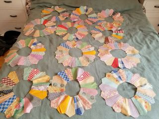 12 Vintage Quilt Blocks Cotton Fabric 12 " Circle Dresden Plates Hand Stitched