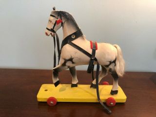 Antique German Wooden Pull Toy Horse Paint Made In Gdr Tag -