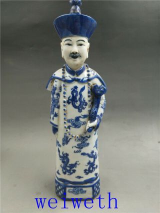 Old Chinese Blue And White Porcelain Handwork Carved Archaic Officials Statue