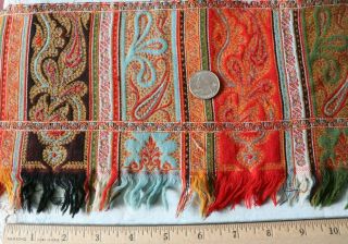 Antique Wool Paisley Kashmir Shawl Border Fabric L - 44 " X W - 7 "