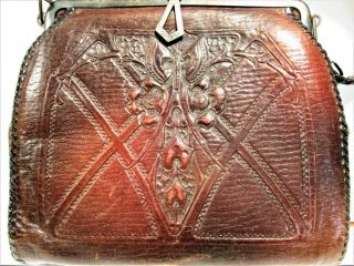 Arts & Crafts - Mission Period Leather Purse 1921 Pat.  With Butterfly Etc.  Fine