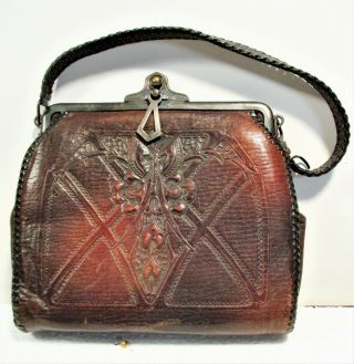 ARTS & CRAFTS - MISSION PERIOD LEATHER PURSE 1921 PAT.  WITH BUTTERFLY ETC.  FINE 2