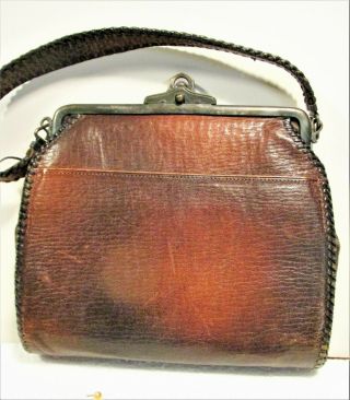 ARTS & CRAFTS - MISSION PERIOD LEATHER PURSE 1921 PAT.  WITH BUTTERFLY ETC.  FINE 4