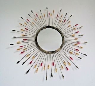 French Vintage Retro Metal Red & Amber Beaded Round Glass Starburst Mirror 1312
