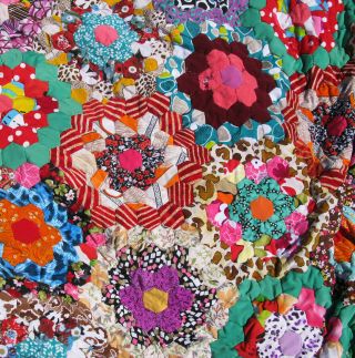 Vintage Grandmas Flower Garden Quilt Patchwork Handmade 80 " X 70 "