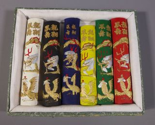 VINTAGE BOX OF CHINESE INK BLOCKS SIX COLOURS DRAGONS PHOENIX 2