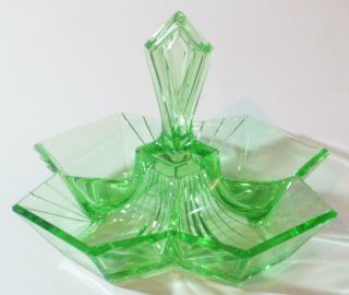 Vtg Art Deco Depression Green Uranium Vaseline Glass Divided Handled Candy Dish