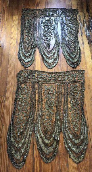 Rare Antique French Gold Bullion Handmade Crotchet Lace Curtains Panels