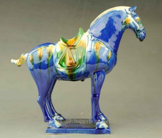 Rare Wonderful Magnificent China Tang Sancai Blue Glaze Pottery Horse Statue C02