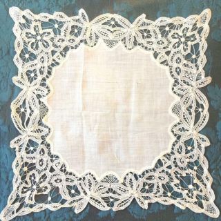 & Antique Fine Linen & Handmade Bobbin Lace Wedding Handkerchief