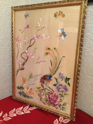 Exquisite Vintage Gold Framed Silk Embroidery - Chinese/peacock 397
