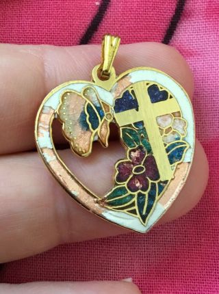 Vintage Antique Gold Cloisonné Cross Flower Heart Charm Pendant Estate Find Vtg