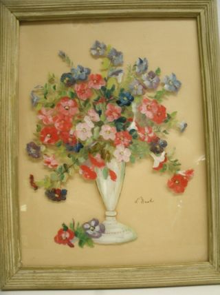 Vintage Reverse Painted On Glass Art Picture " Spring Flowers " By L.  Nash 1930s