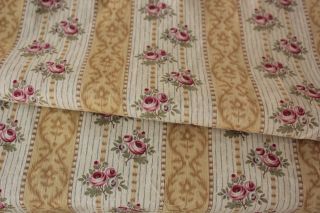 Fabric Antique French Printed Cotton 1910 Khaki Floral & Stripe Yellow Gold